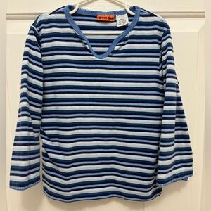 Blue and white stripped, 3/4 length sleeved shirt, vneck, youth M 8/10